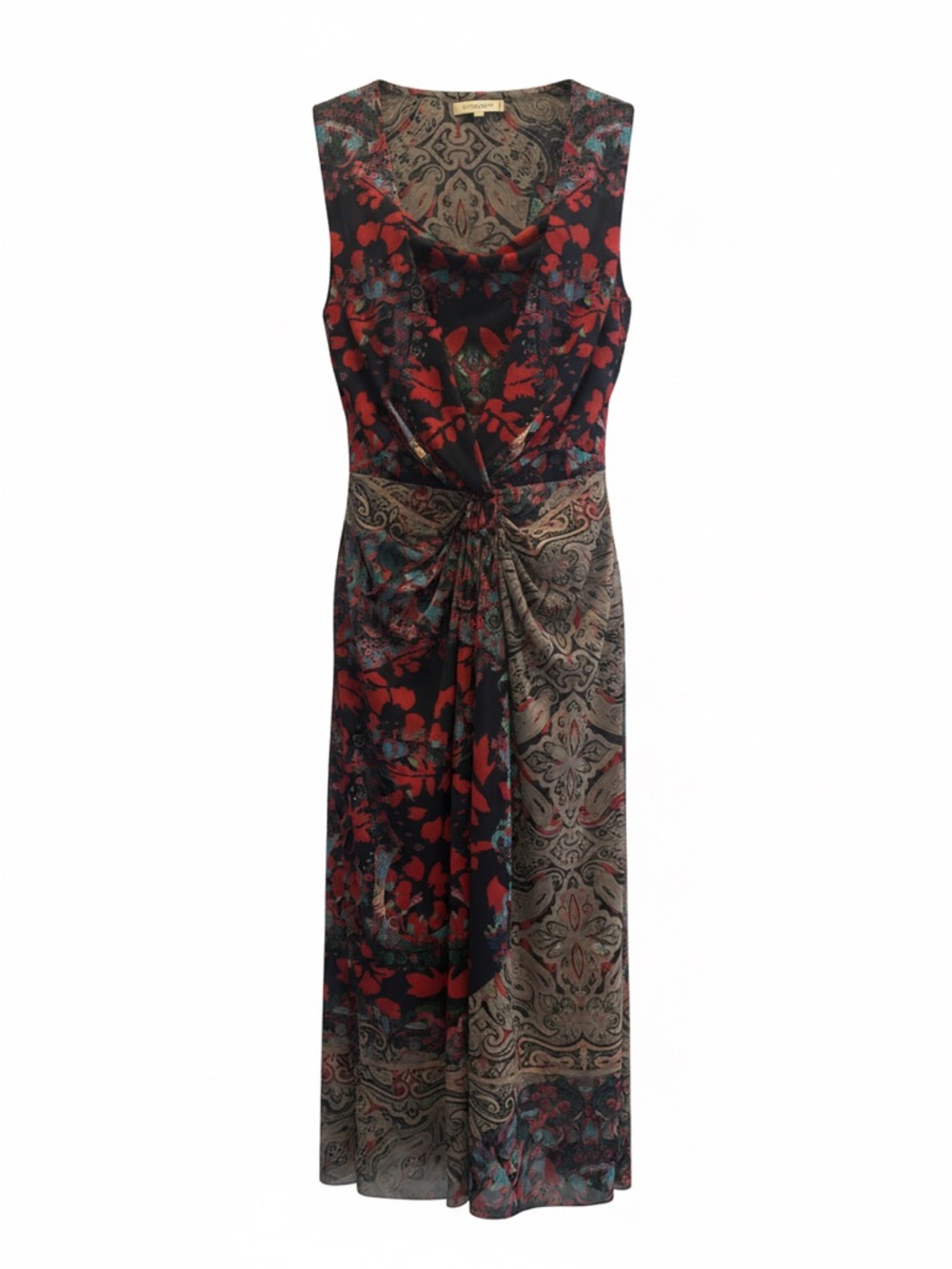 Etro Sleeveless Twist-Front Maxi Dress in Red, Black & Teal